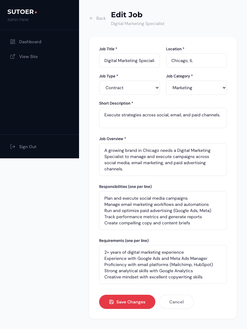 Sutoer admin edit job form