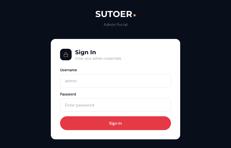 Sutoer admin login screen